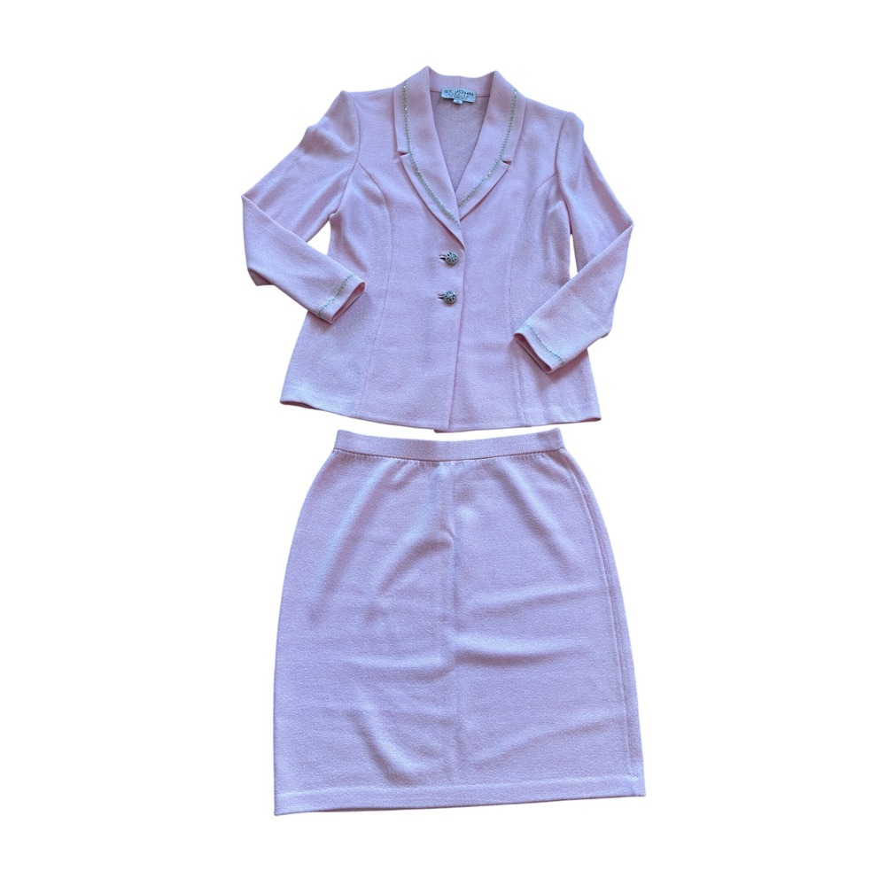 St. John Evening Marie Gray Pink Knit Skirt Suit Rhinestone Trim Blazer Set 6 - Picture 2 of 13